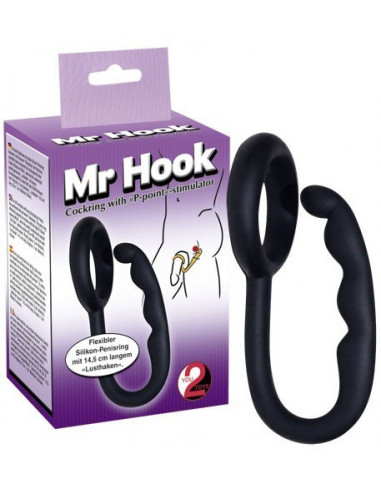 Cockring et stimulateur anal noir en silicone Mr Hook